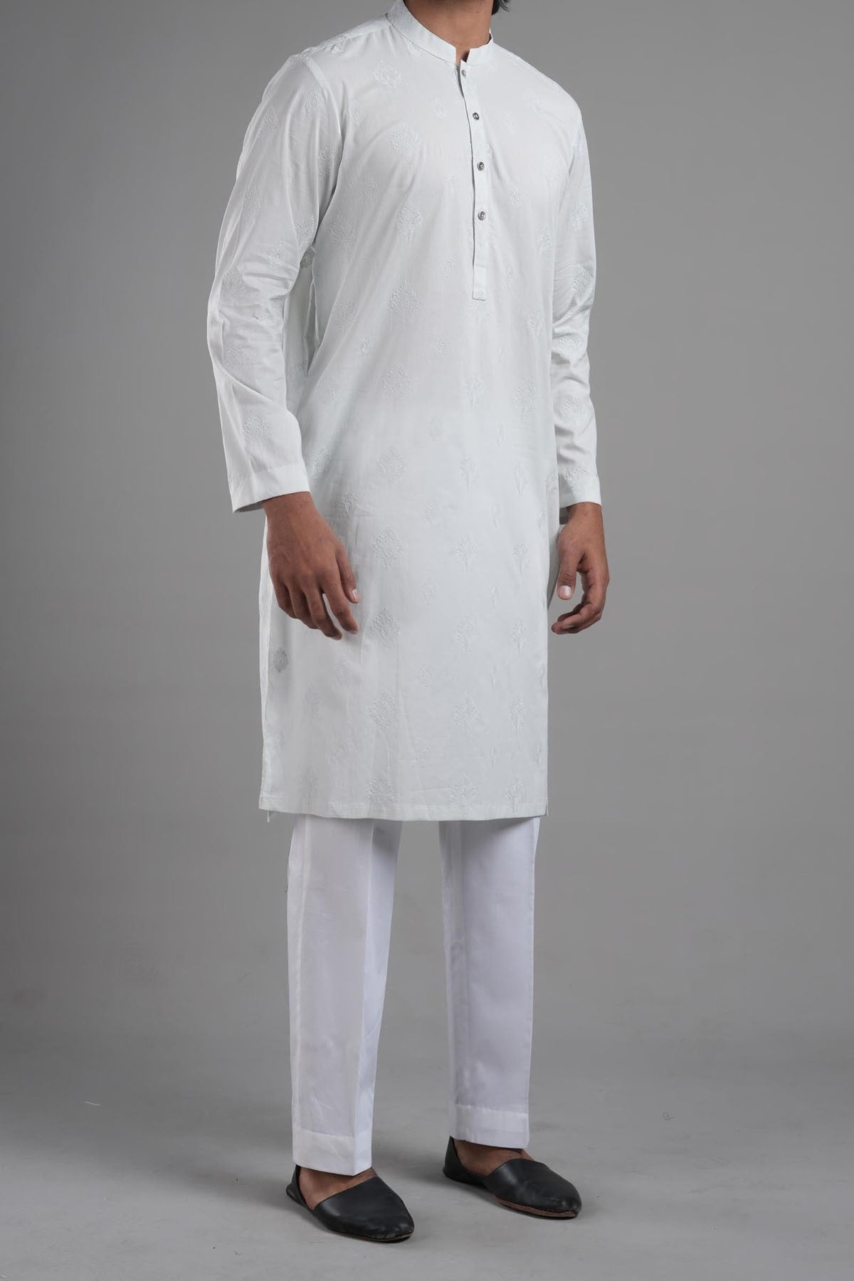 Sky Blue Embroidered Egyptian Cotton Kurta (2-Piece) - Image 3