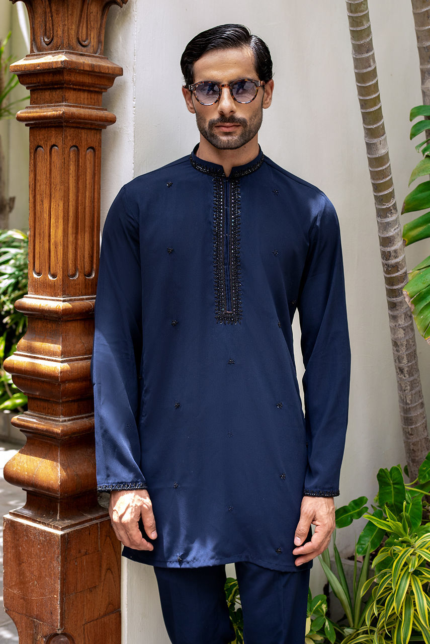 Deep Blue Hand Embroidered Khaddi Silk Kurta Pajama (2-Piece) - Image 2