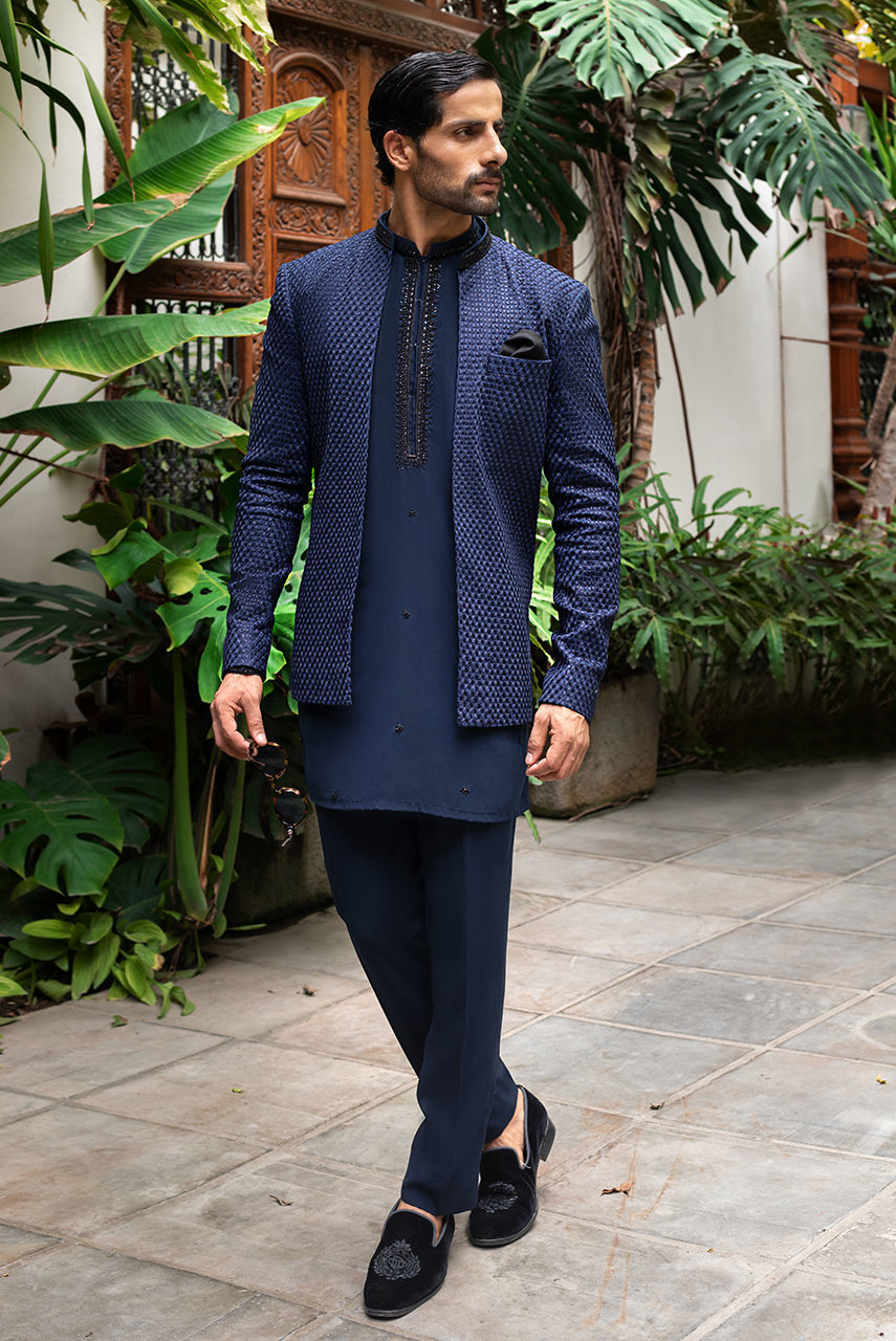 Deep Blue Hand Embroidered Khaddi Silk Kurta Pajama (2-Piece) - Image 3