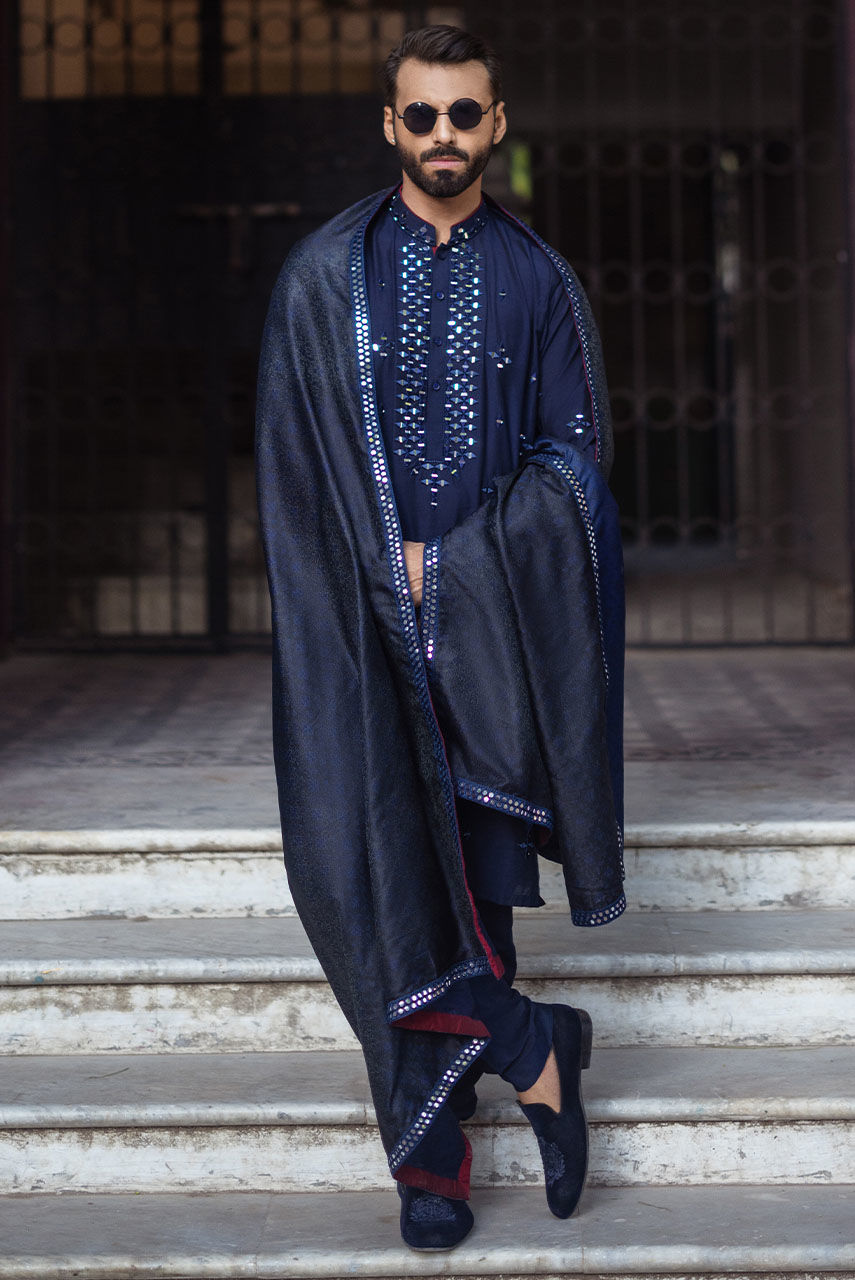Blue Mirror Work Khaddi Silk Kurta (3-Piece) - Image 1