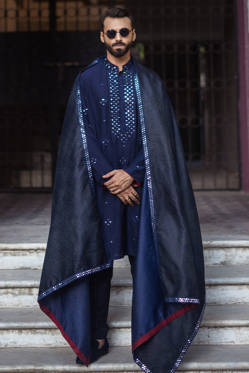 Blue Mirror Work Khaddi Silk Kurta (3-Piece) - Image 2
