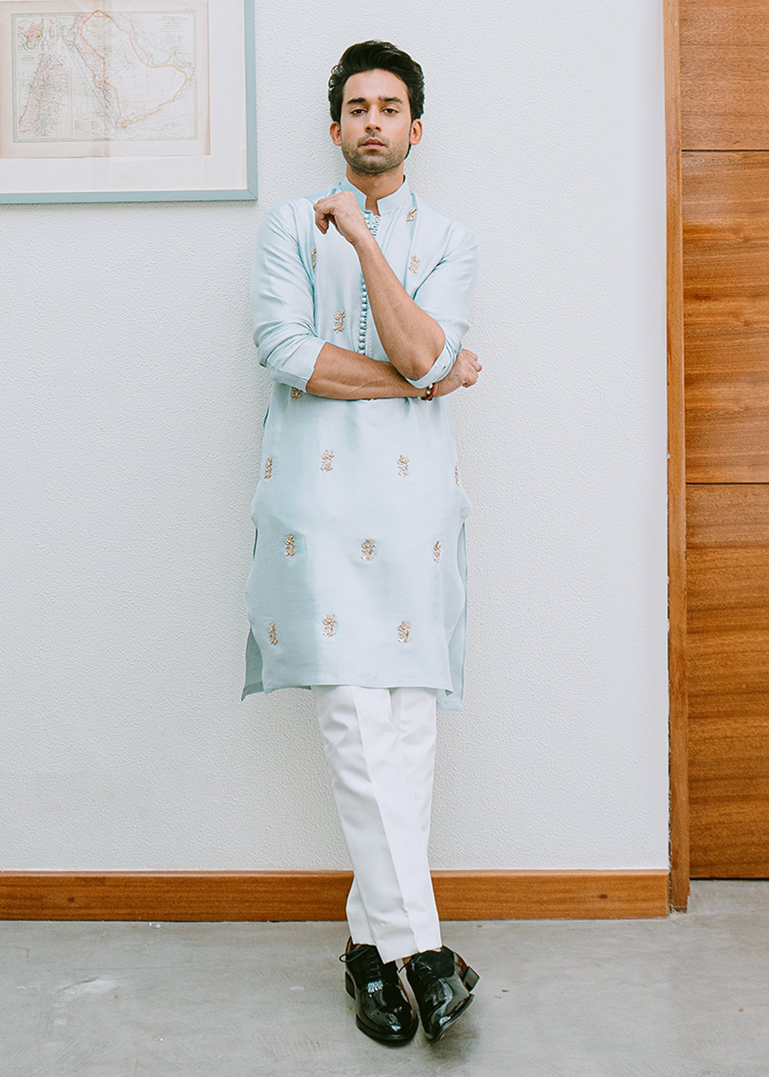 Ice Blue Handworked Korean Rawsilk Kurta (2-Piece) - Image 1