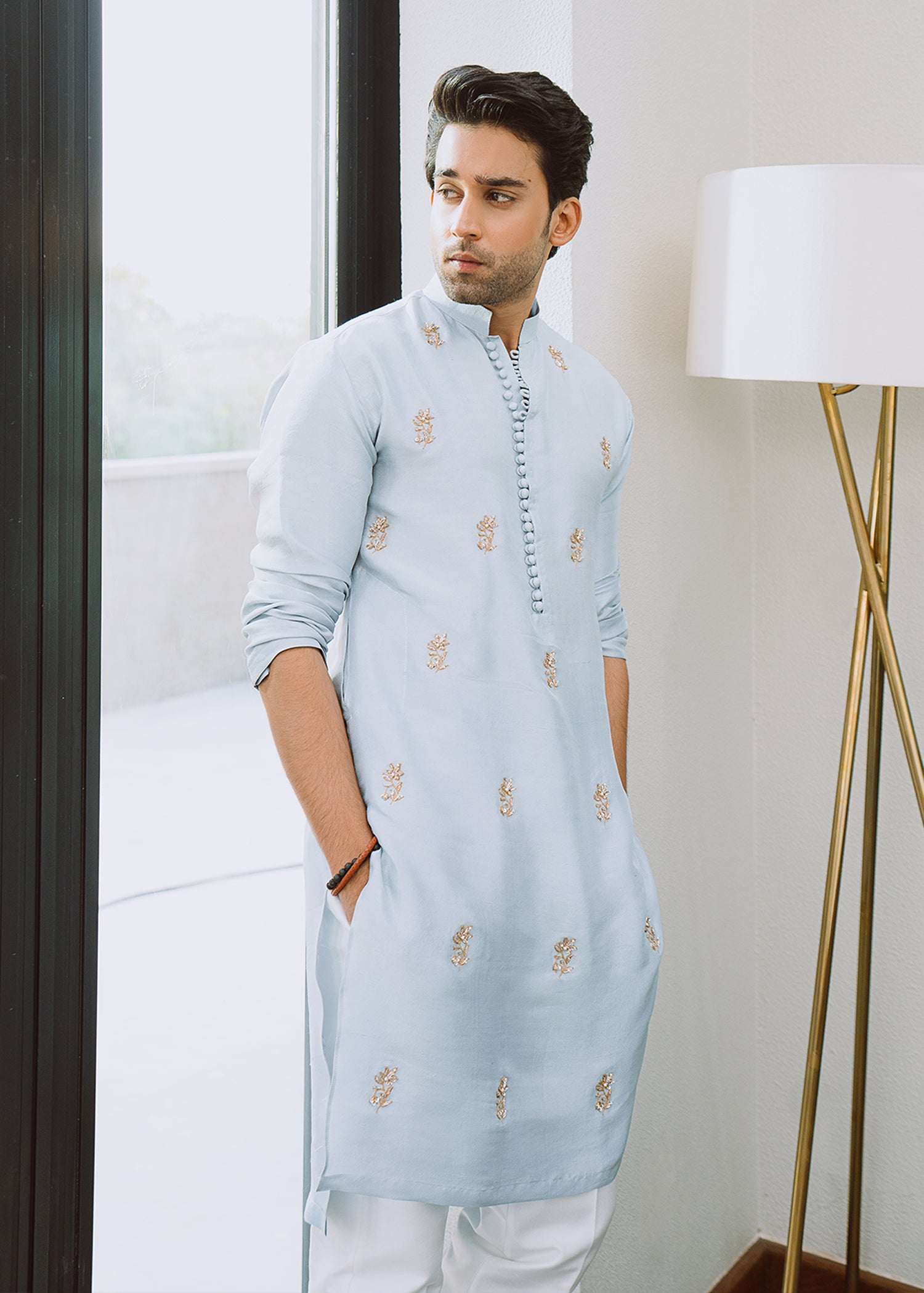 Ice Blue Handworked Korean Rawsilk Kurta (2-Piece) - Image 2