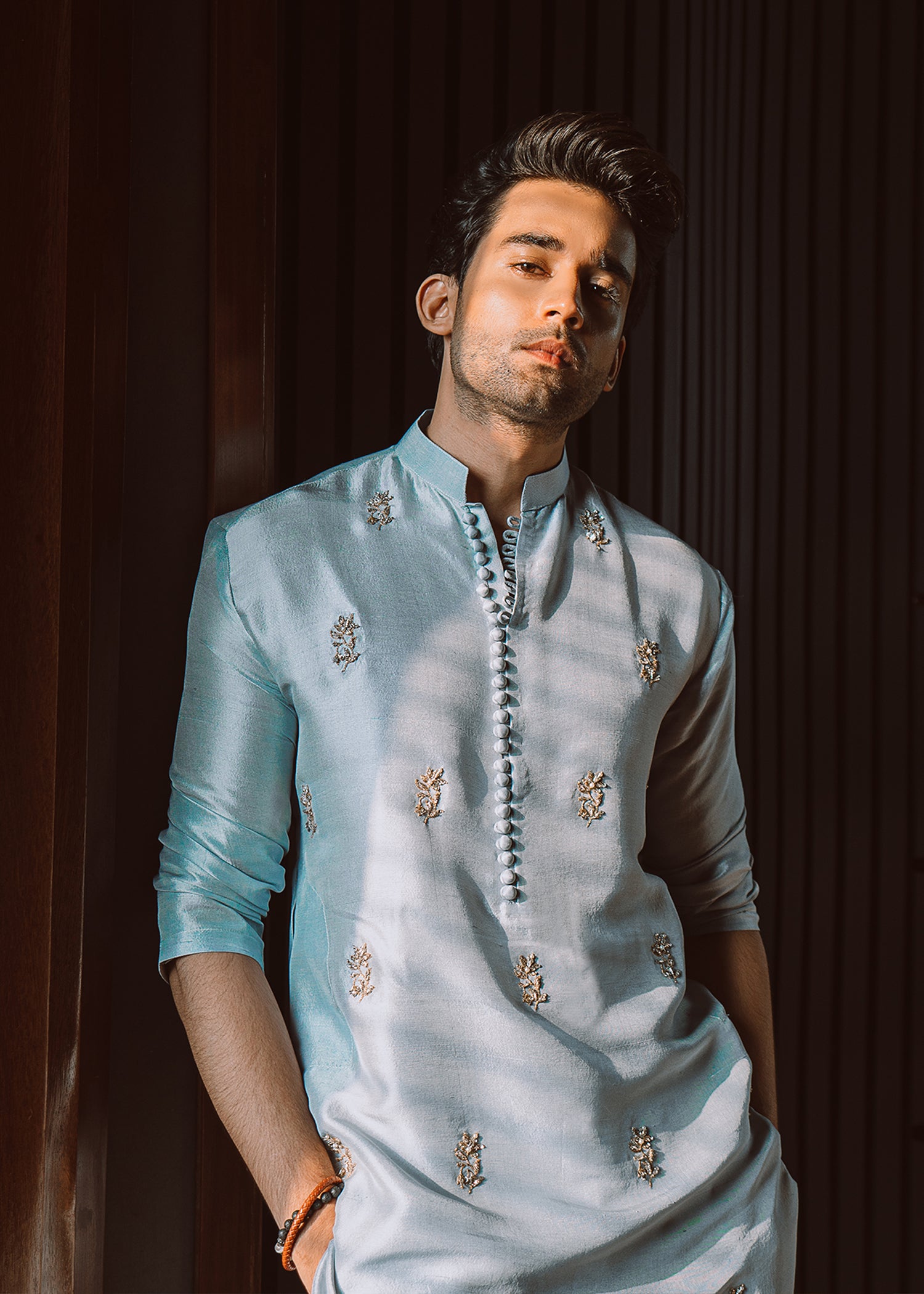 Ice Blue Handworked Korean Rawsilk Kurta (2-Piece) - Image 3