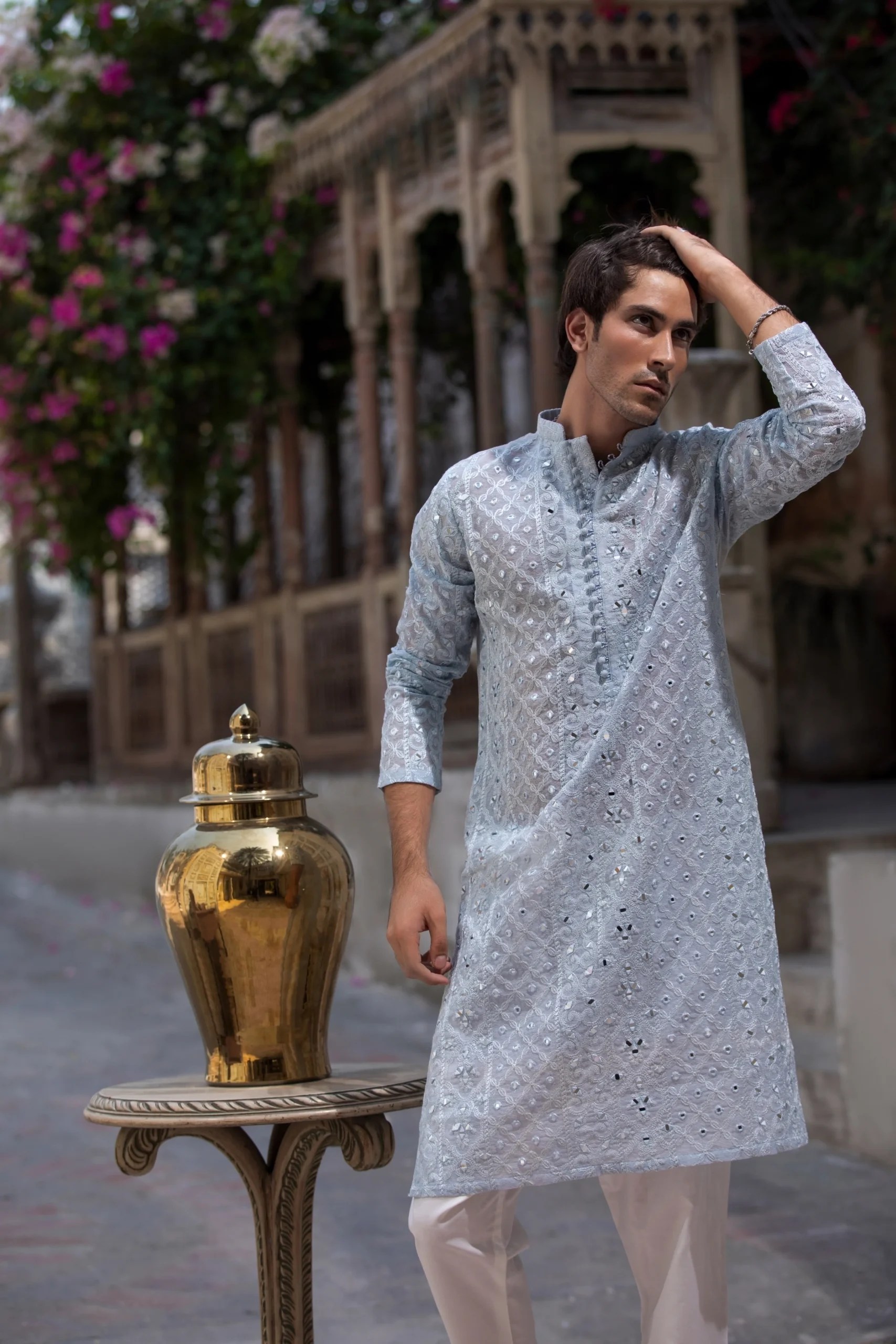 Baby Blue Mirror-Embroidered Lustrous Kurta (2-Piece) - Image 1