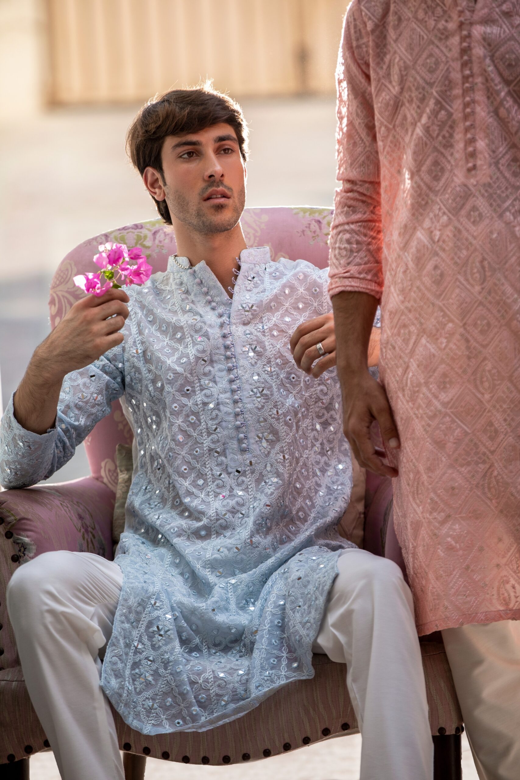 Baby Blue Mirror-Embroidered Lustrous Kurta (2-Piece) - Image 3