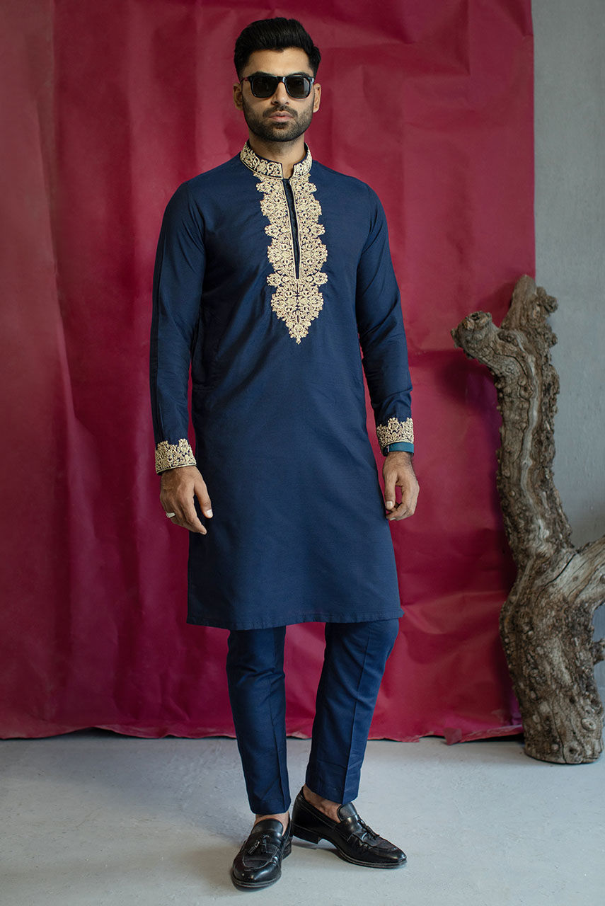 Deep Blue Kora Dabka Raw Silk Kurta Pajama (2-Piece) - Image 1