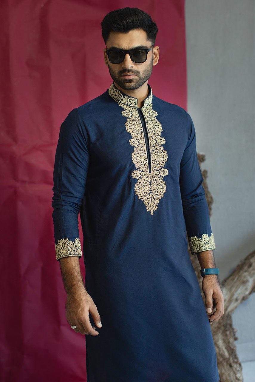 Deep Blue Kora Dabka Raw Silk Kurta Pajama (2-Piece) - Image 2