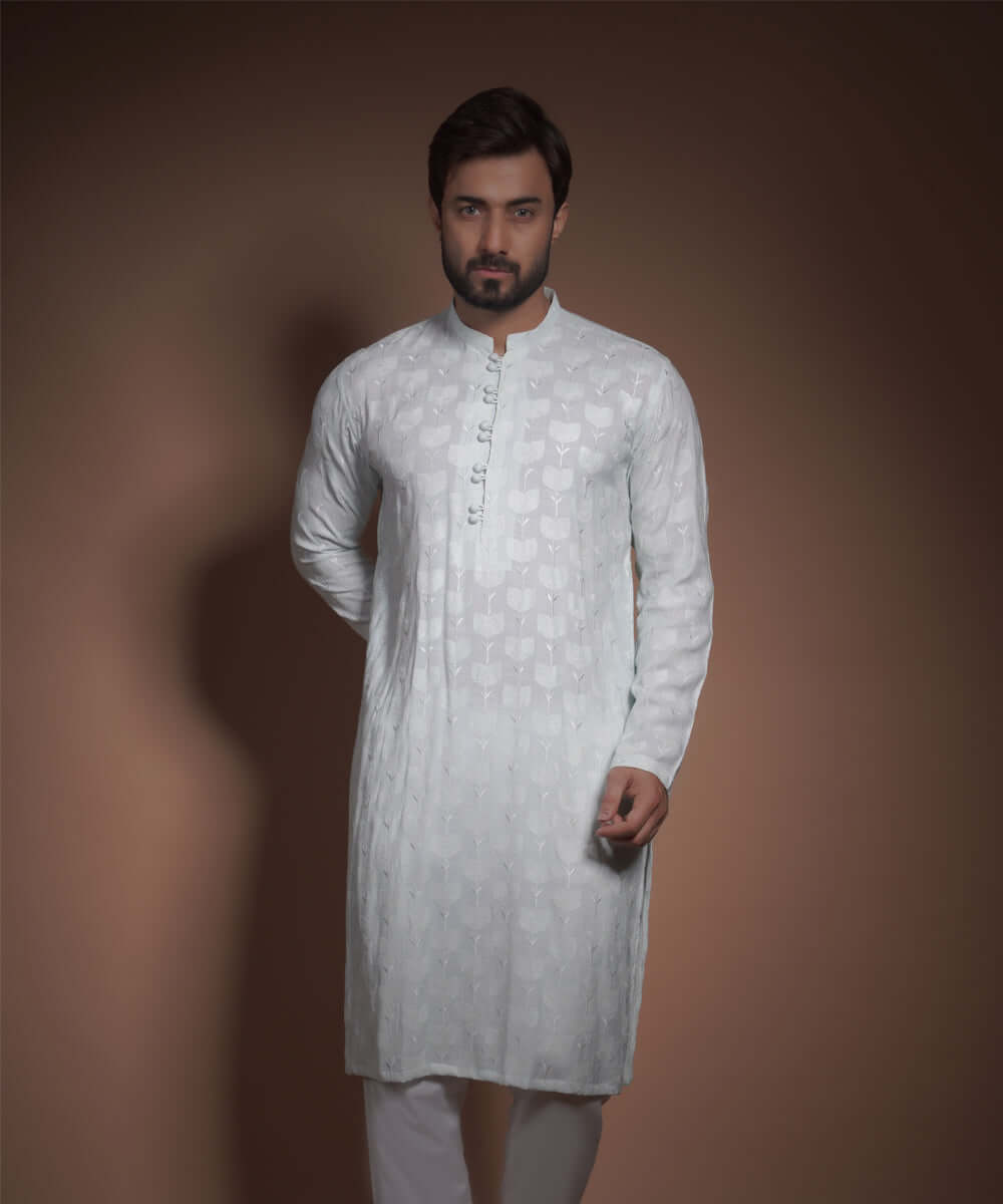 Ash Blue Embroidered Raw Silk Kurta (2-Piece) - Image 1