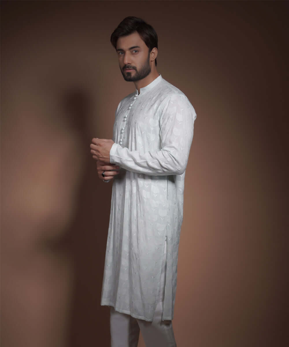 Ash Blue Embroidered Raw Silk Kurta (2-Piece) - Image 2