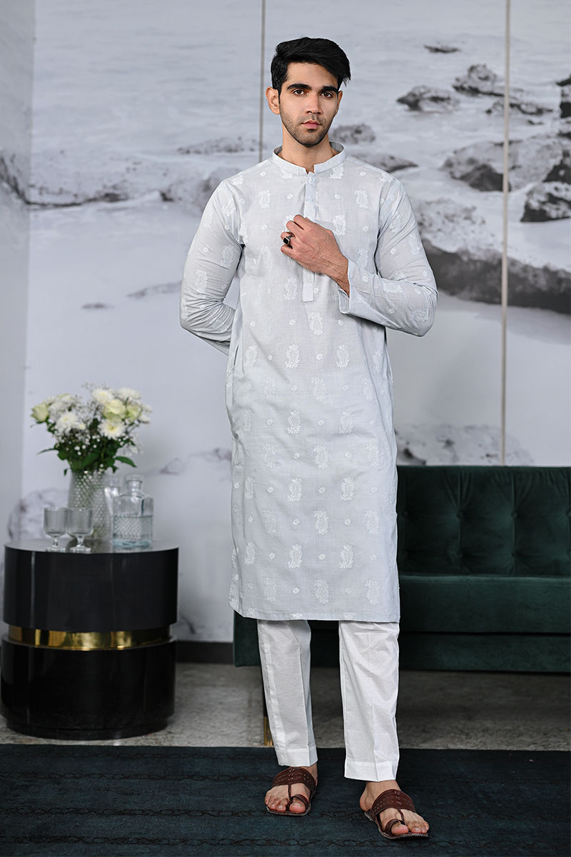 Ice Blue Schiffli Embroidered Cotton Kurta (2-Piece) - Image 1