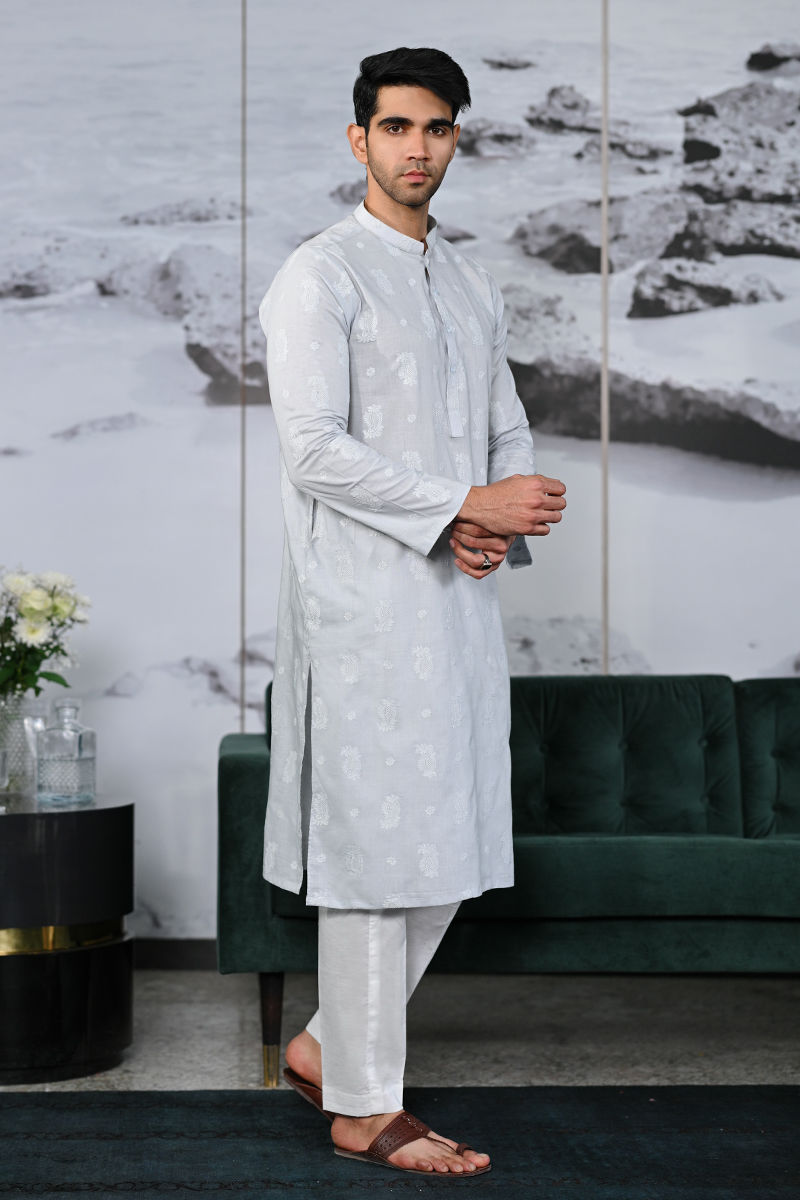 Ice Blue Schiffli Embroidered Cotton Kurta (2-Piece) - Image 2