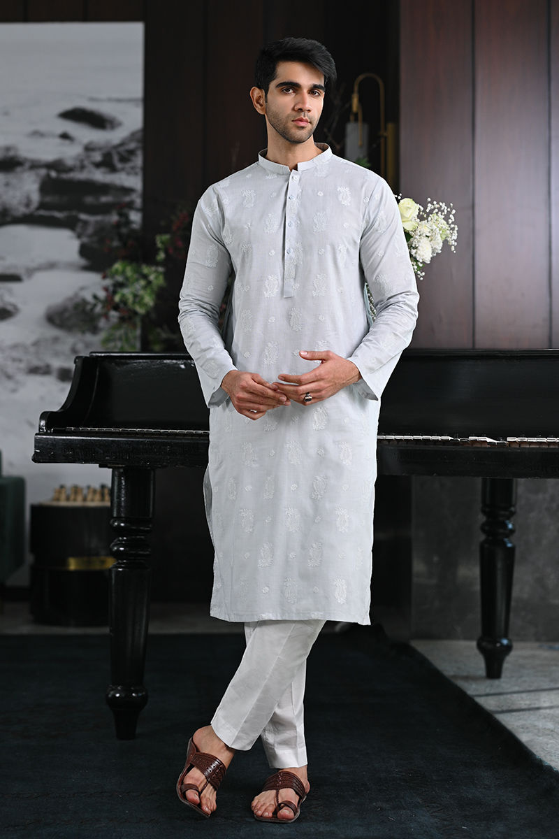 Ice Blue Schiffli Embroidered Cotton Kurta (2-Piece) - Image 3