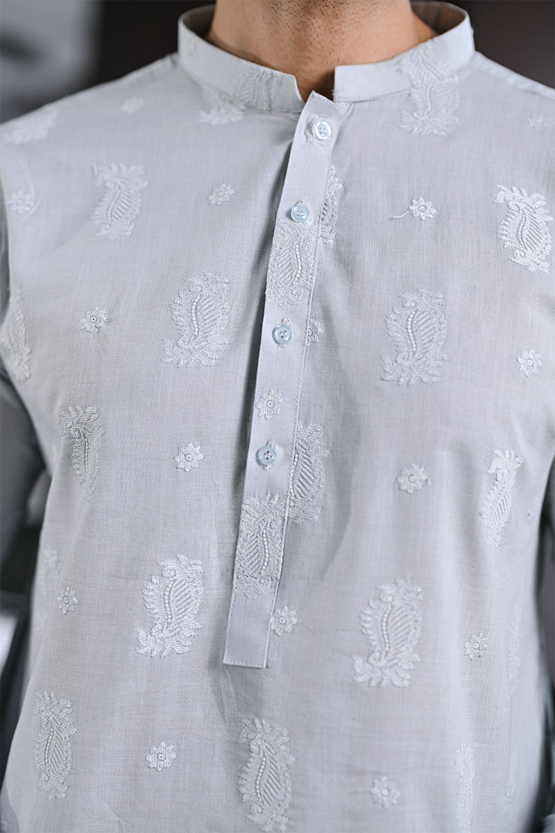 Ice Blue Schiffli Embroidered Cotton Kurta (2-Piece) - Image 4