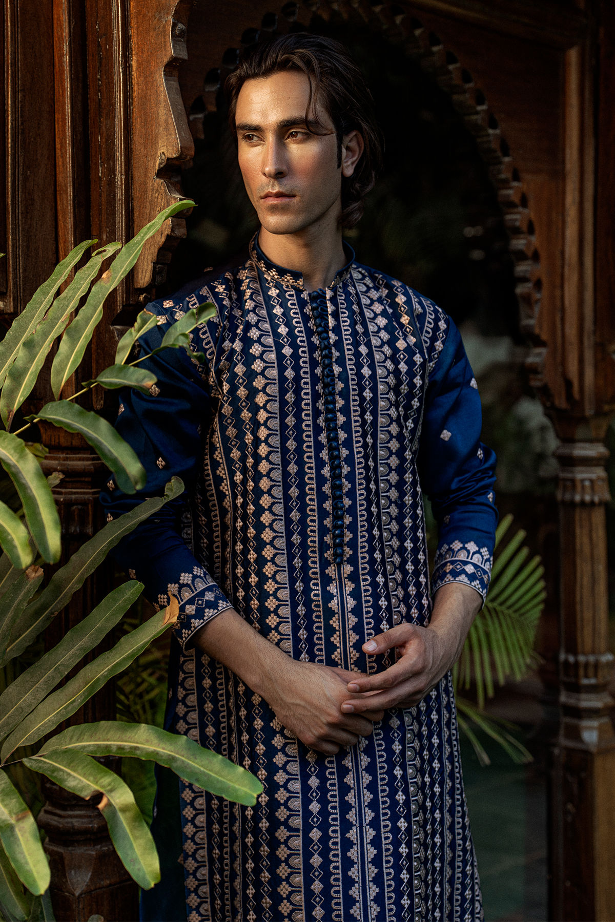 Lapis Blue Geometric Embroidered Shisha Silk Kurta (2-Piece) - Image 2