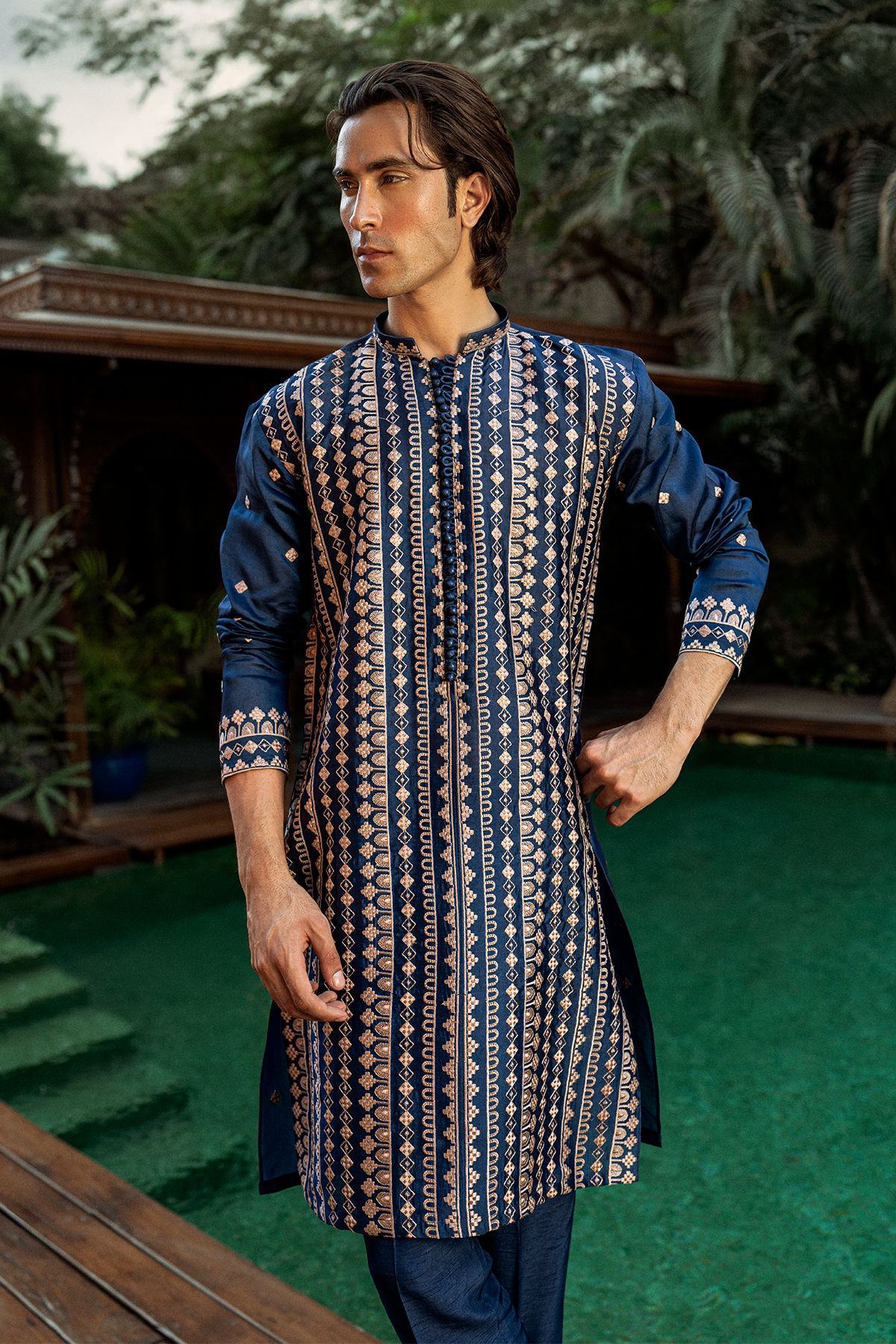Lapis Blue Geometric Embroidered Shisha Silk Kurta (2-Piece) - Image 4