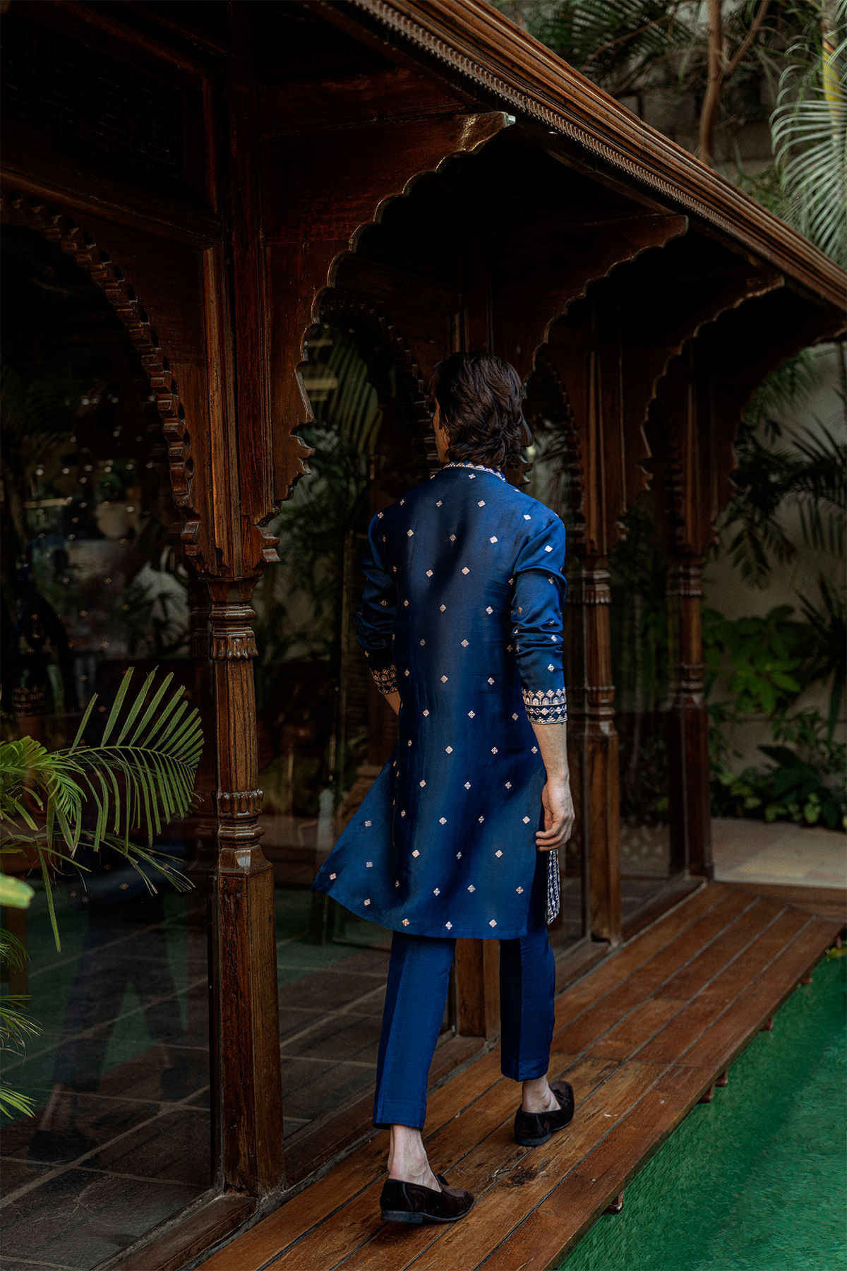 Lapis Blue Geometric Embroidered Shisha Silk Kurta (2-Piece) - Image 5