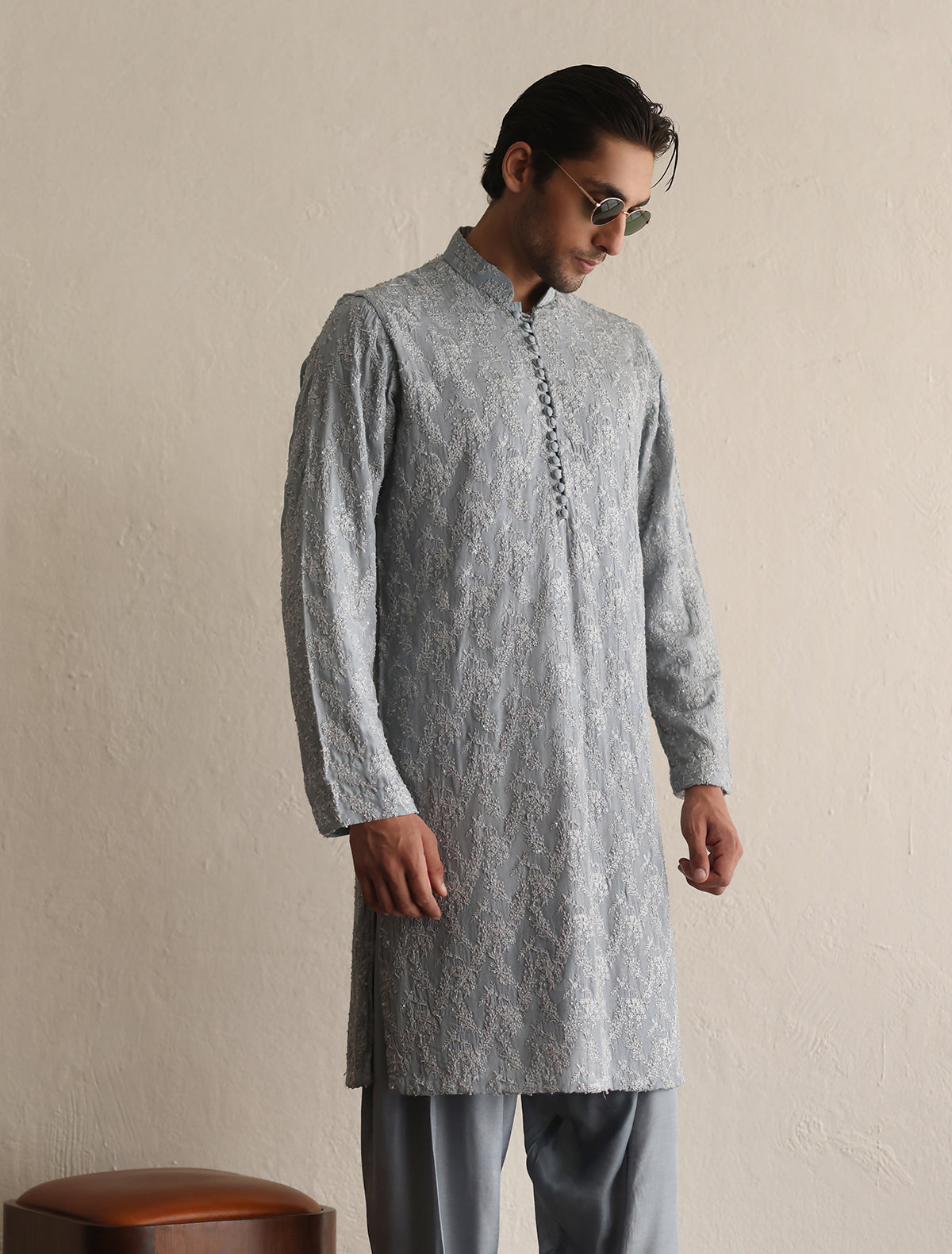 Sky Blue Embroidered Silk-Blend Kurta (2-Piece) - Image 1