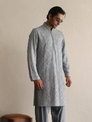 Sky Blue Embroidered Silk-Blend Kurta (2-Piece) - Image 2