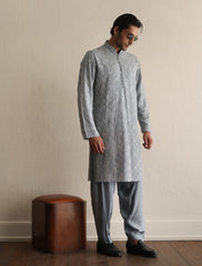Sky Blue Embroidered Silk-Blend Kurta (2-Piece) - Image 3