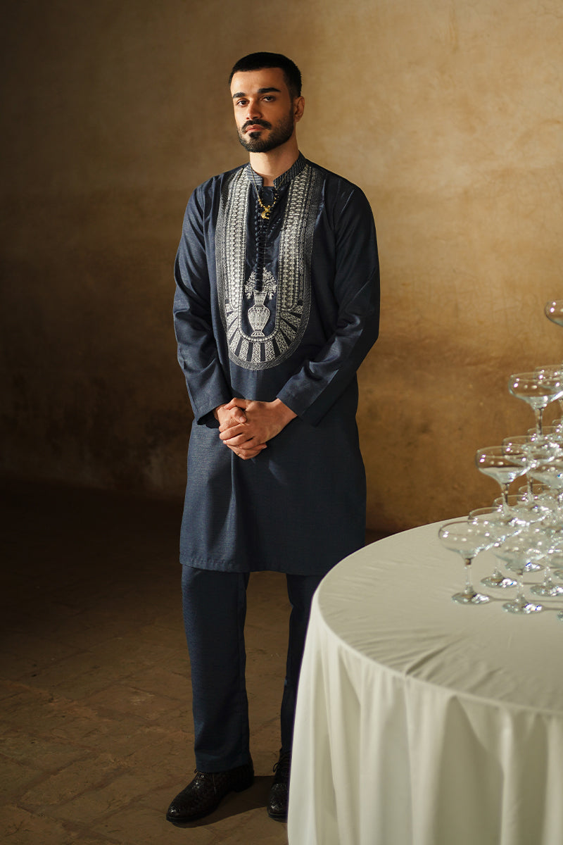 Prussian Blue Embroidered Silk Kurta Pajama (2-Piece) - Image 1