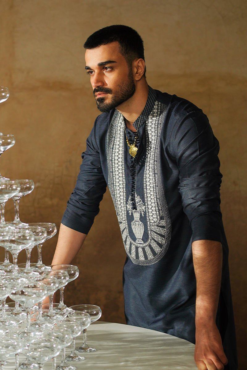 Prussian Blue Embroidered Silk Kurta Pajama (2-Piece) - Image 2