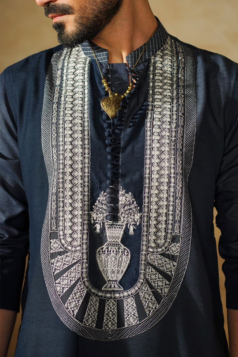 Prussian Blue Embroidered Silk Kurta Pajama (2-Piece) - Image 3