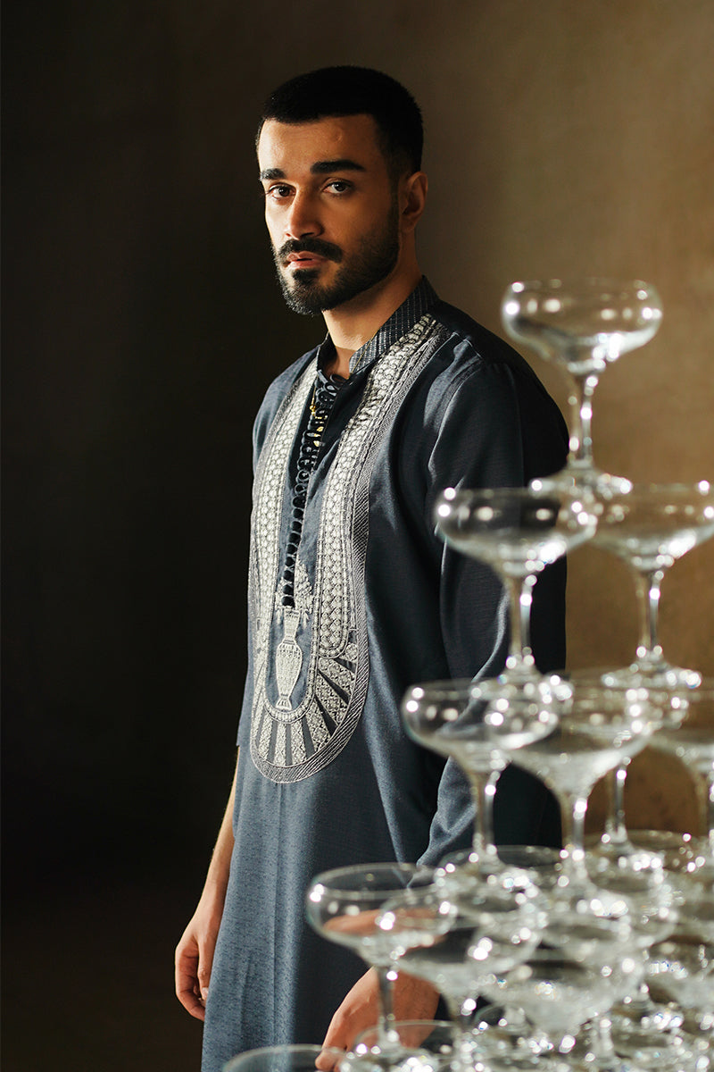 Prussian Blue Embroidered Silk Kurta Pajama (2-Piece) - Image 4