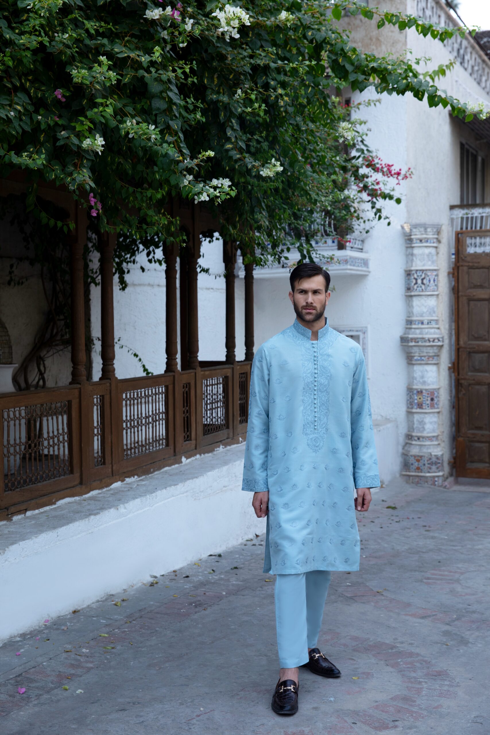 Powder Blue Embroidered Synthetic Raw Silk Kurta (2-Piece) - Image 1