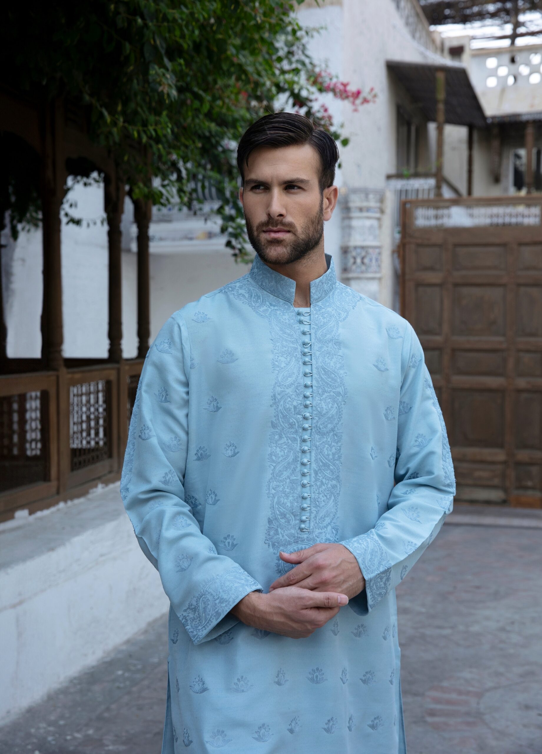 Powder Blue Embroidered Synthetic Raw Silk Kurta (2-Piece) - Image 2