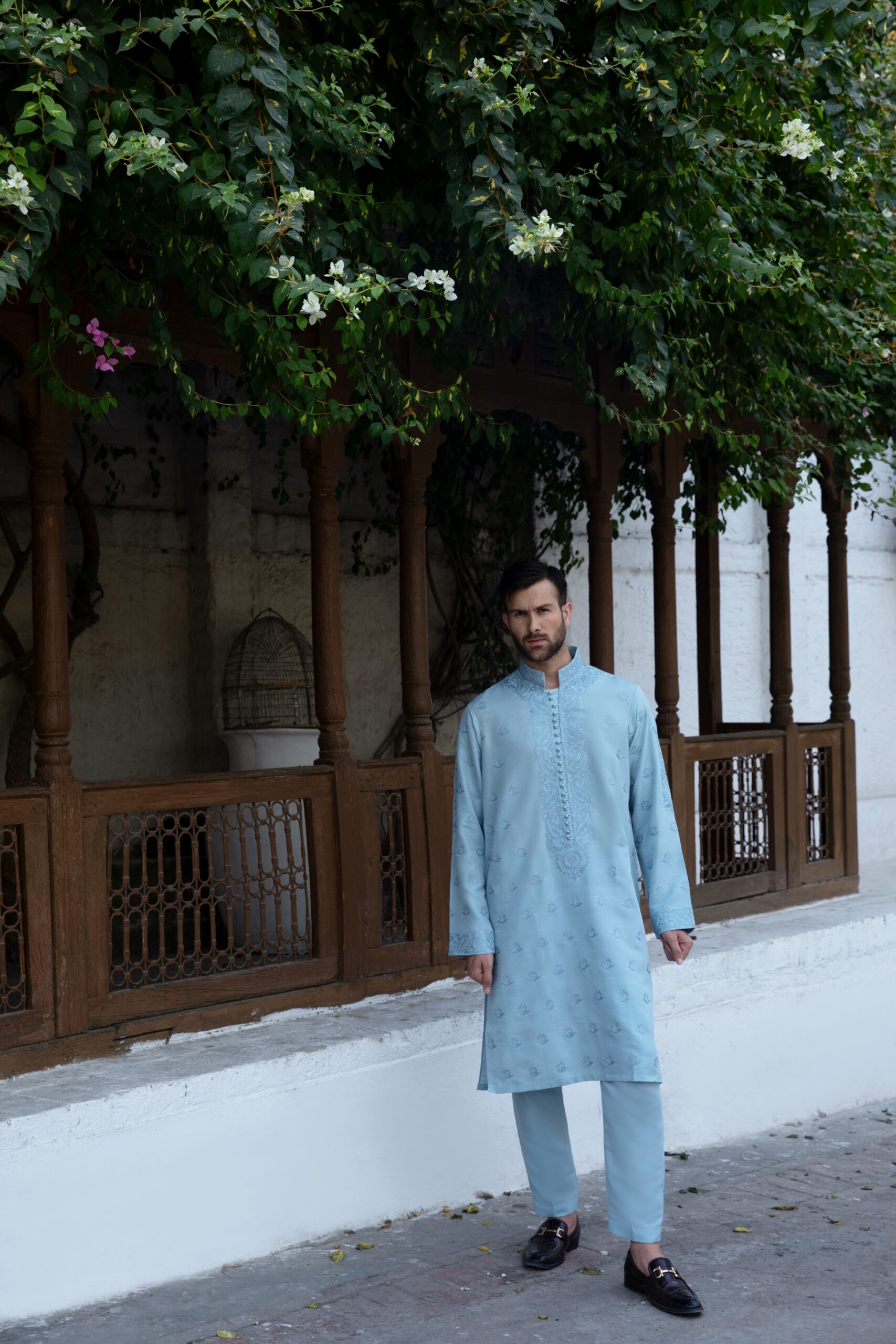 Powder Blue Embroidered Synthetic Raw Silk Kurta (2-Piece) - Image 3