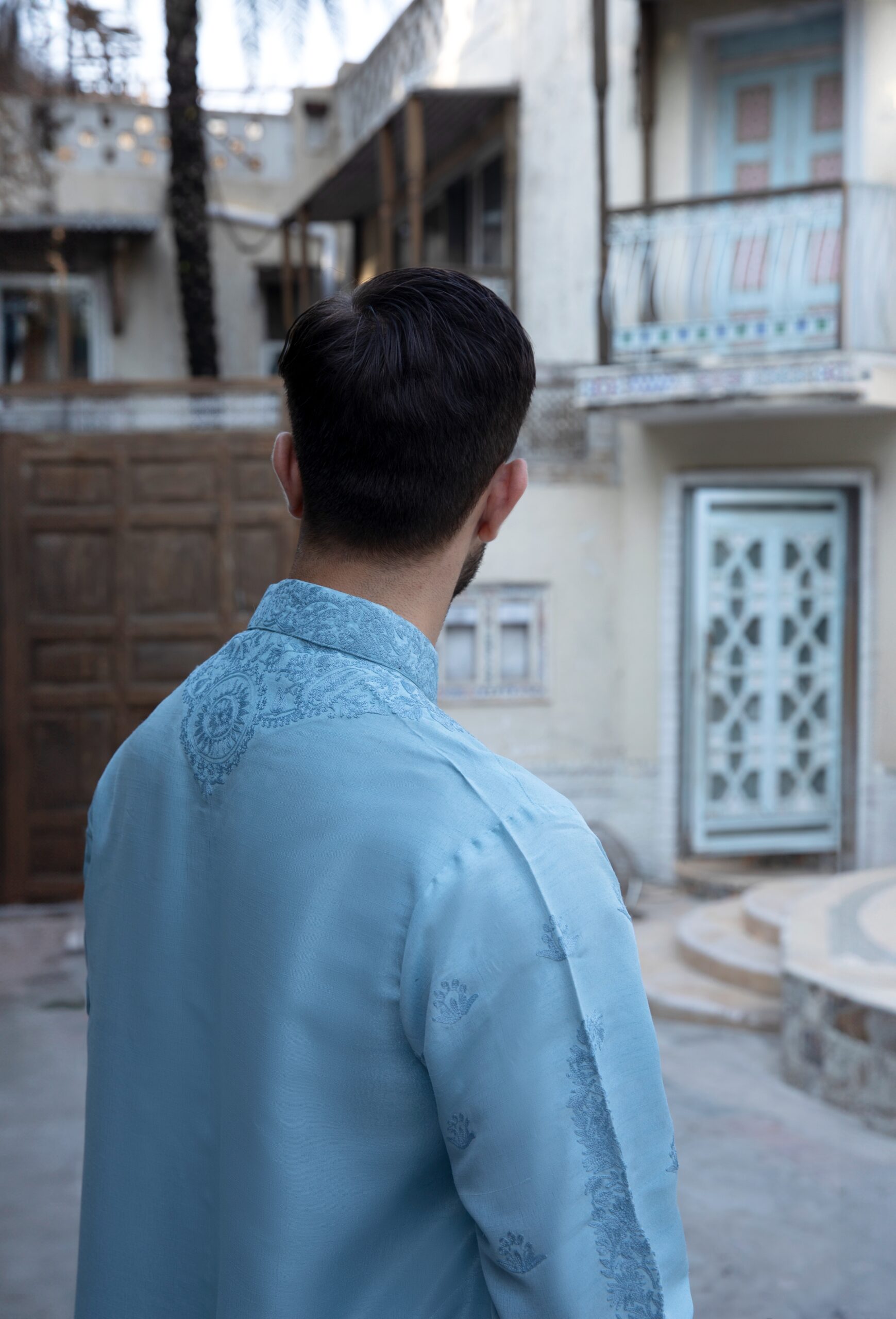 Powder Blue Embroidered Synthetic Raw Silk Kurta (2-Piece) - Image 4