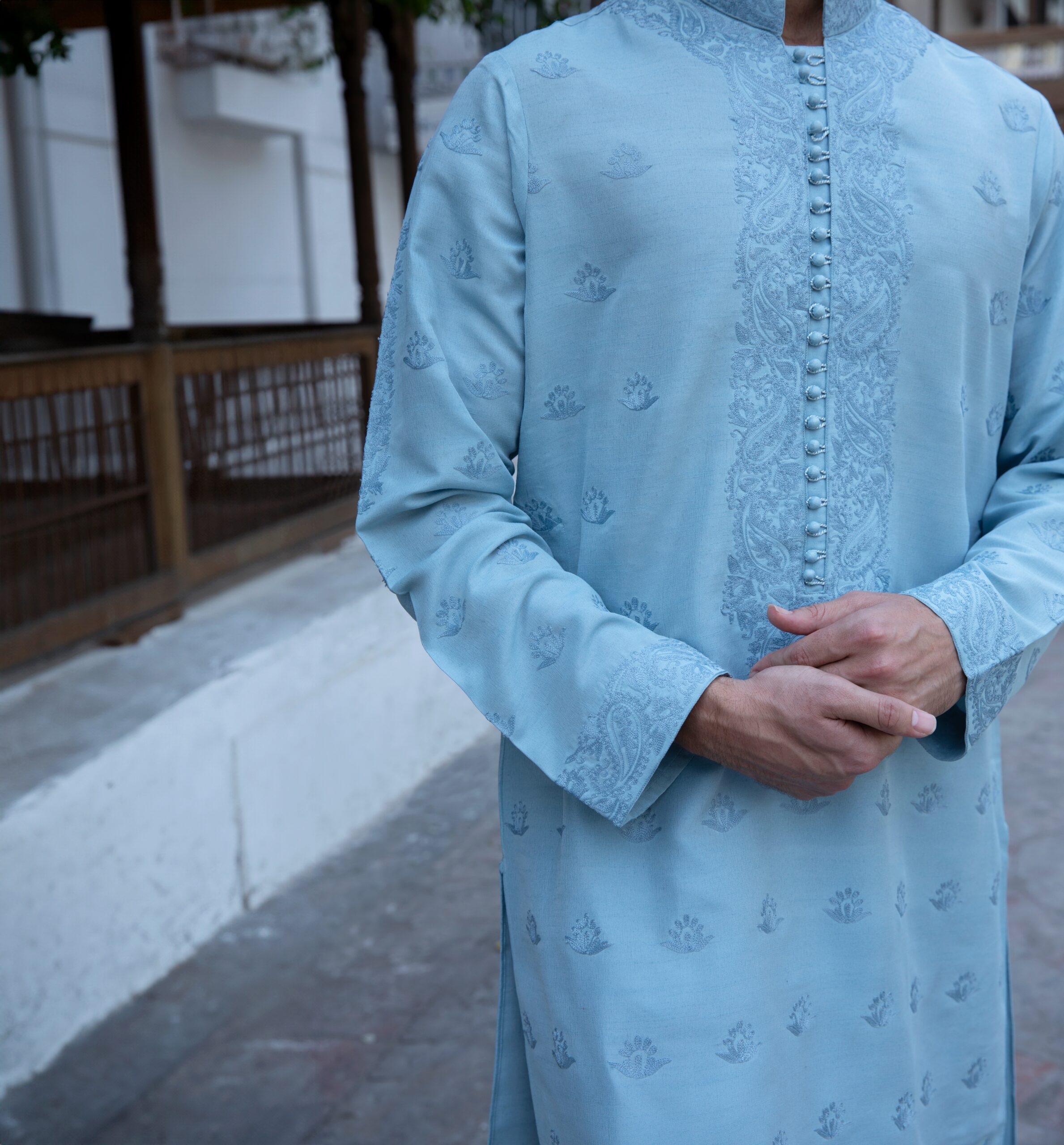 Powder Blue Embroidered Synthetic Raw Silk Kurta (2-Piece) - Image 5