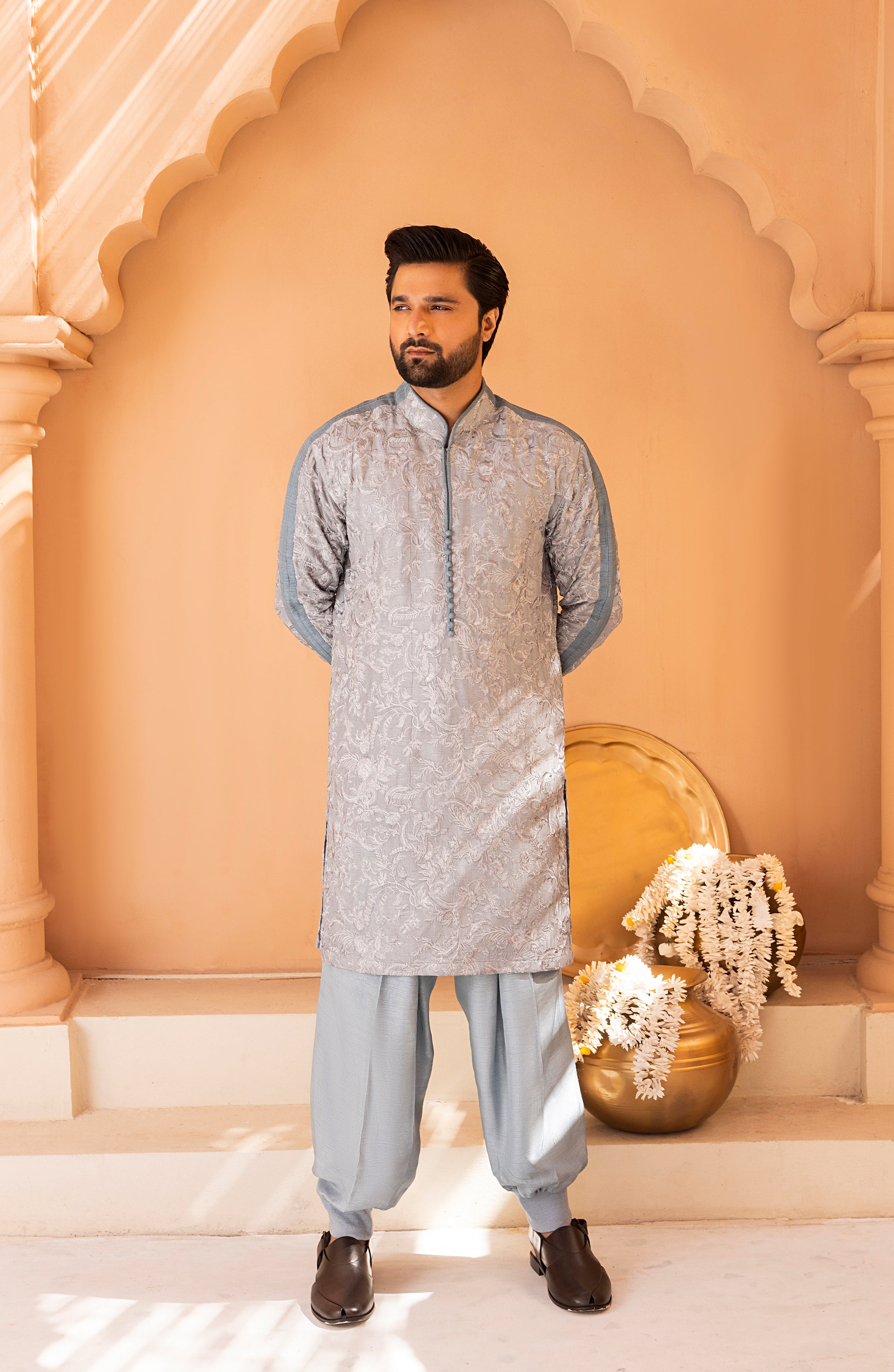 Frosty Blue Self-Embroidered Silk-Blend Shalwar Kameez (2-Piece) - Image 1