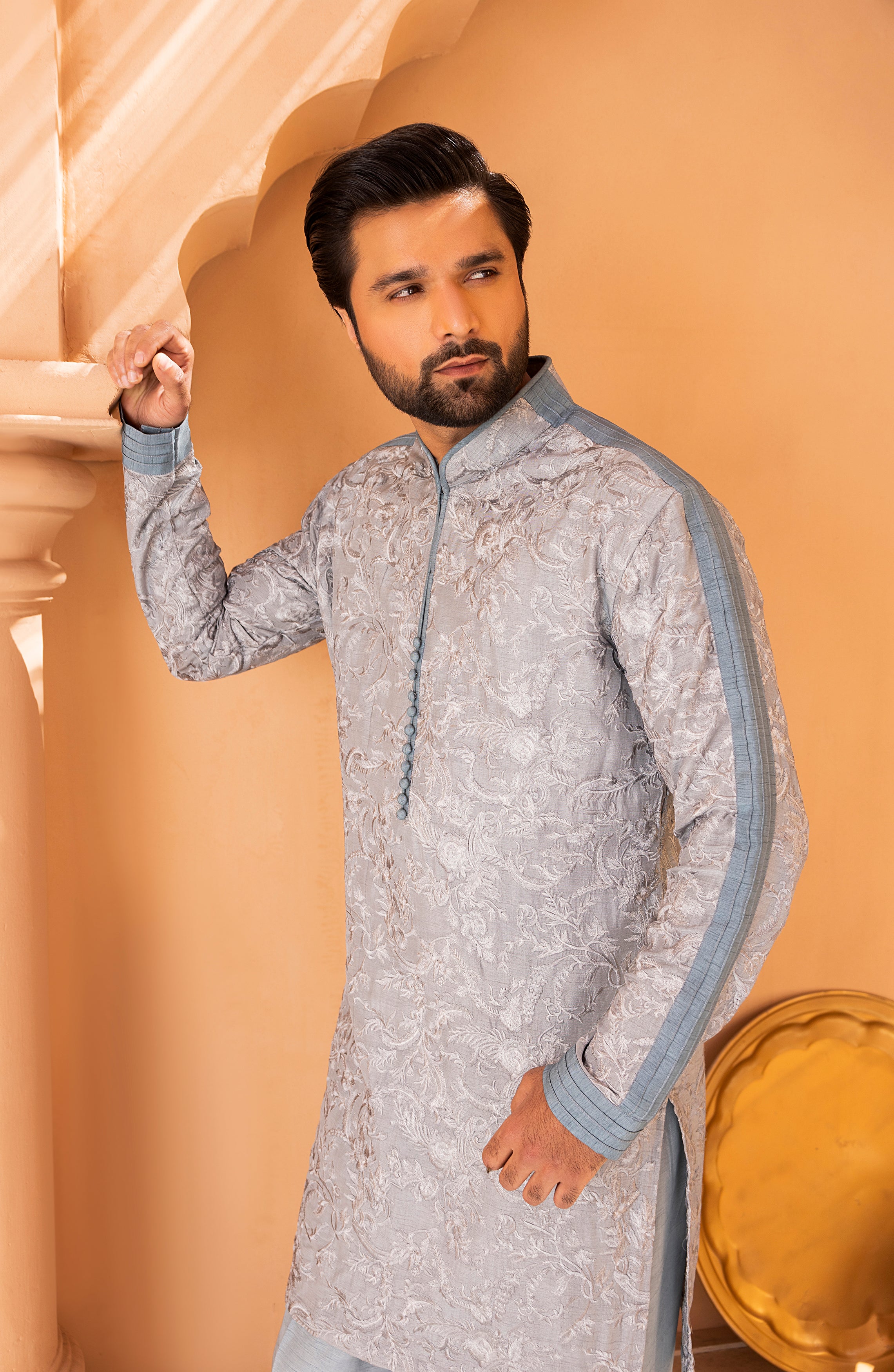 Frosty Blue Self-Embroidered Silk-Blend Shalwar Kameez (2-Piece) - Image 2