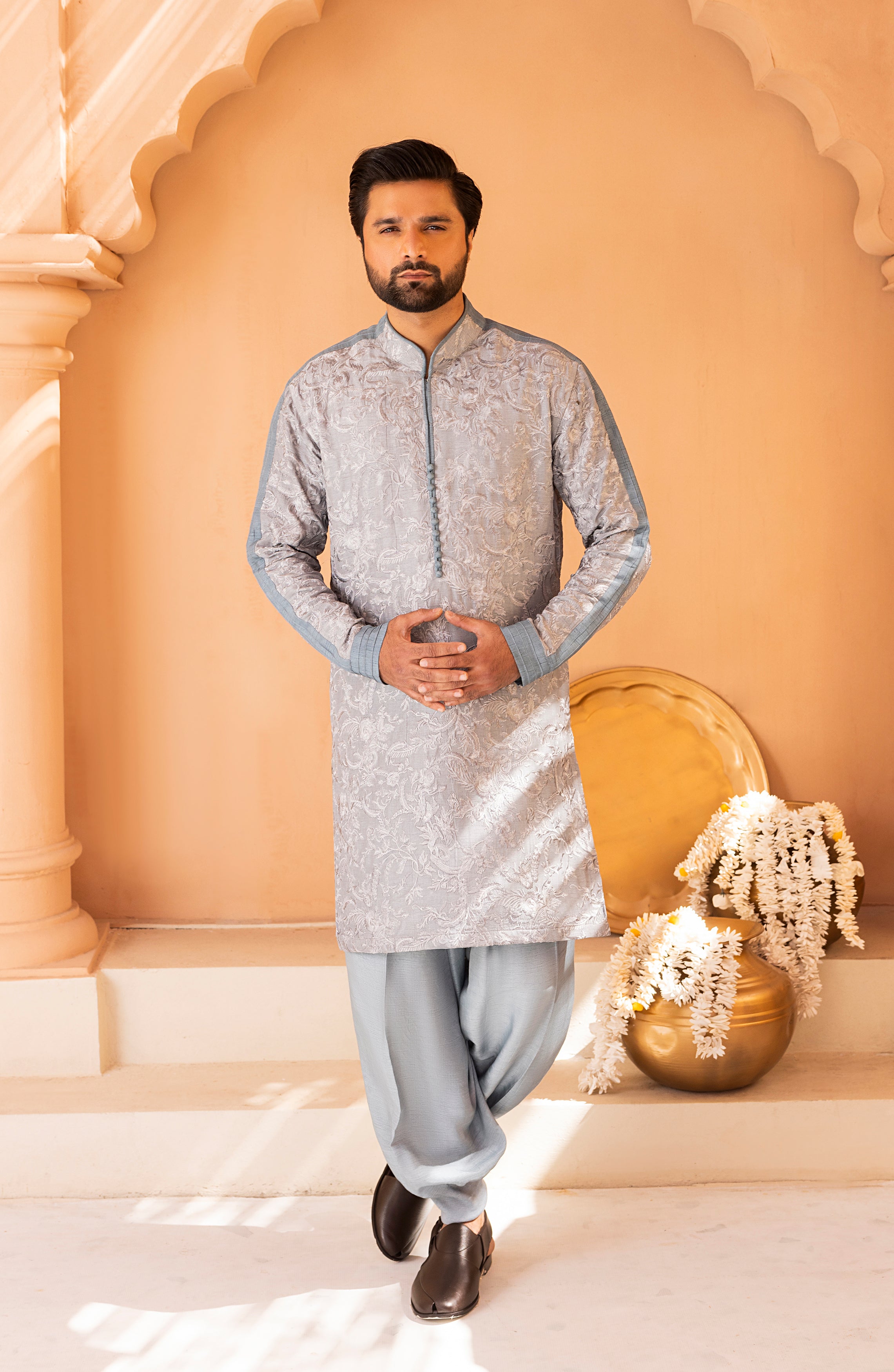 Frosty Blue Self-Embroidered Silk-Blend Shalwar Kameez (2-Piece) - Image 4