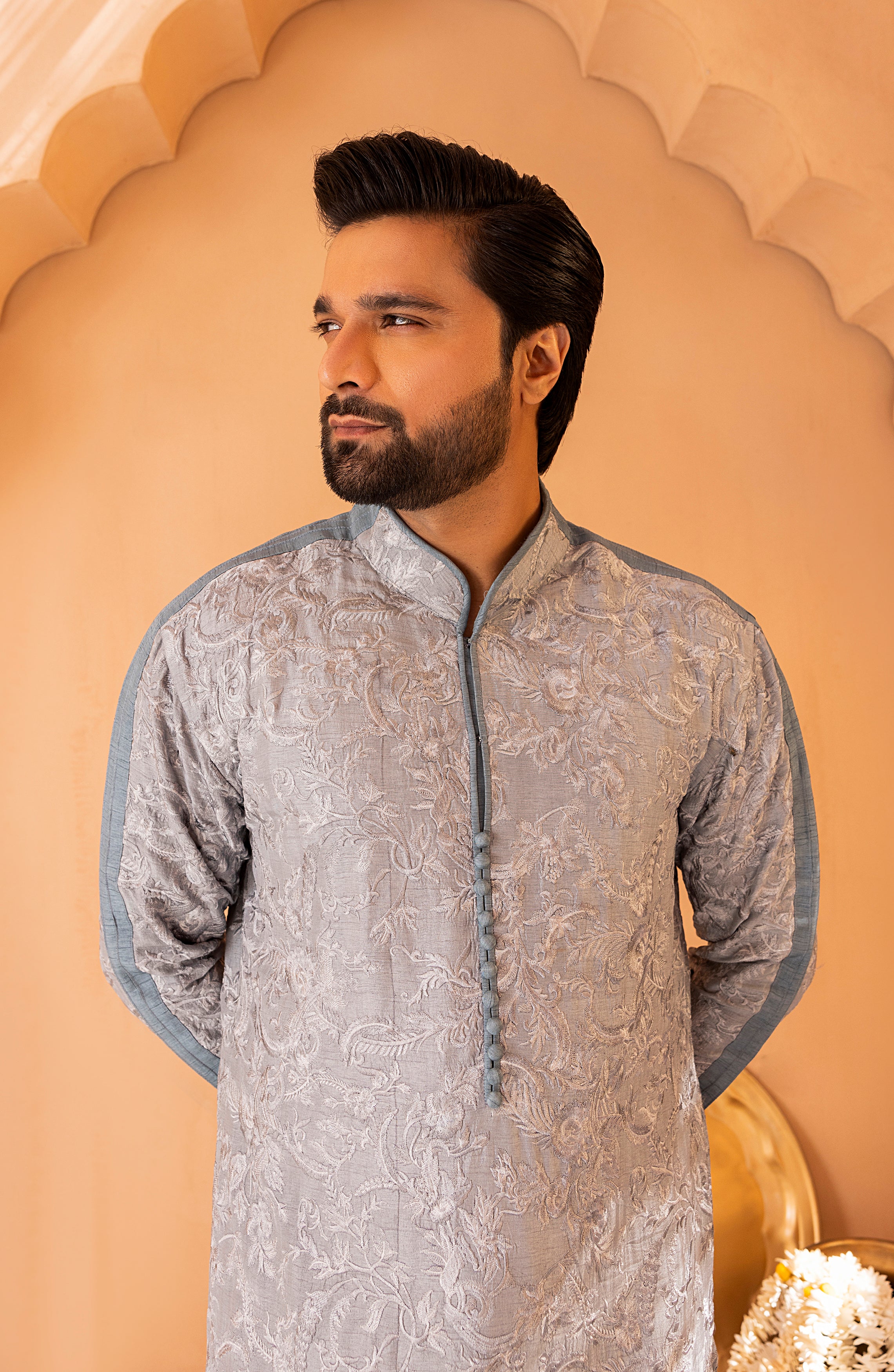 Frosty Blue Self-Embroidered Silk-Blend Shalwar Kameez (2-Piece) - Image 6