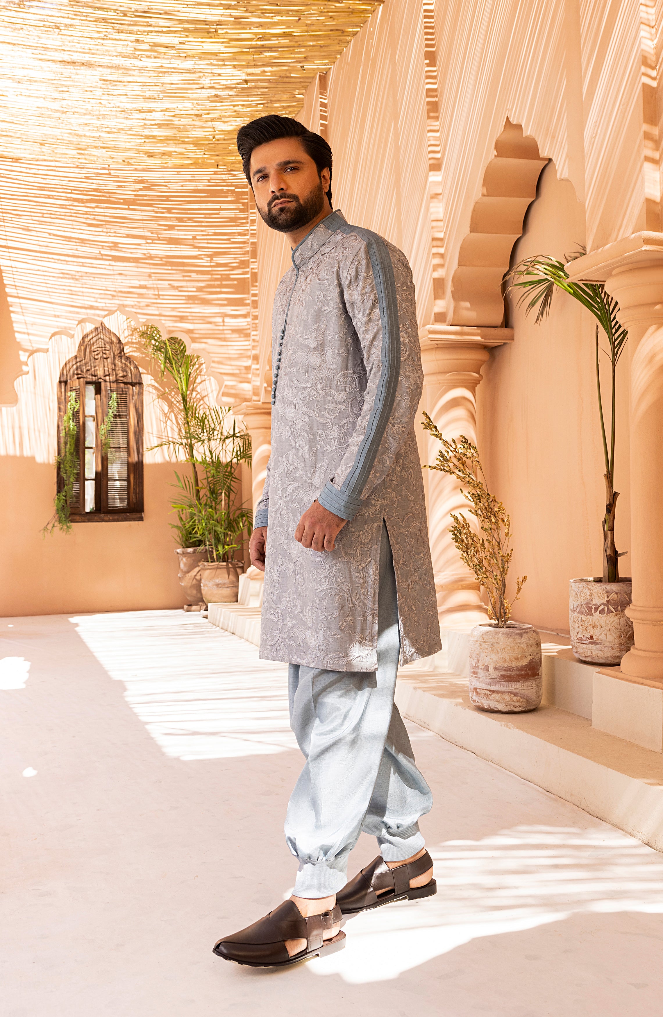 Frosty Blue Self-Embroidered Silk-Blend Shalwar Kameez (2-Piece) - Image 7