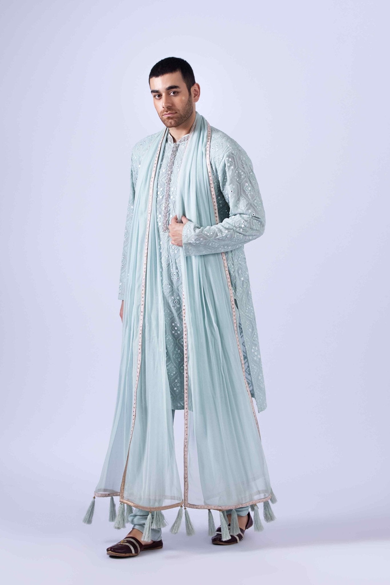 Aqua Zardozi Embroidered Chiffon Kurta Set (3-Piece) - Image 3
