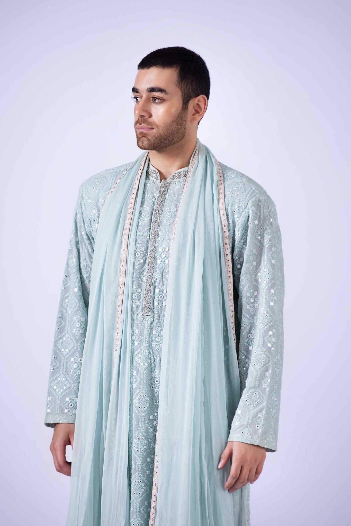 Aqua Zardozi Embroidered Chiffon Kurta Set (3-Piece) - Image 4