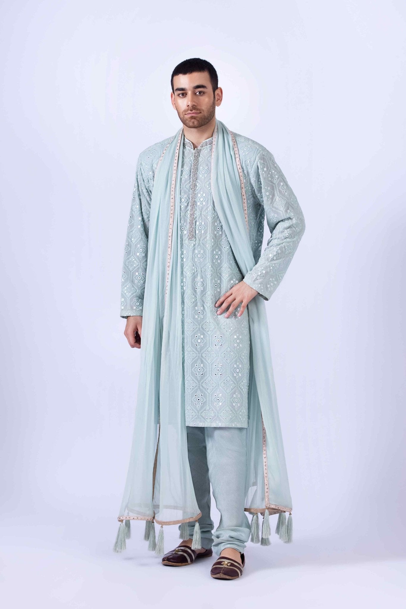 Aqua Zardozi Embroidered Chiffon Kurta Set (3-Piece) - Image 6