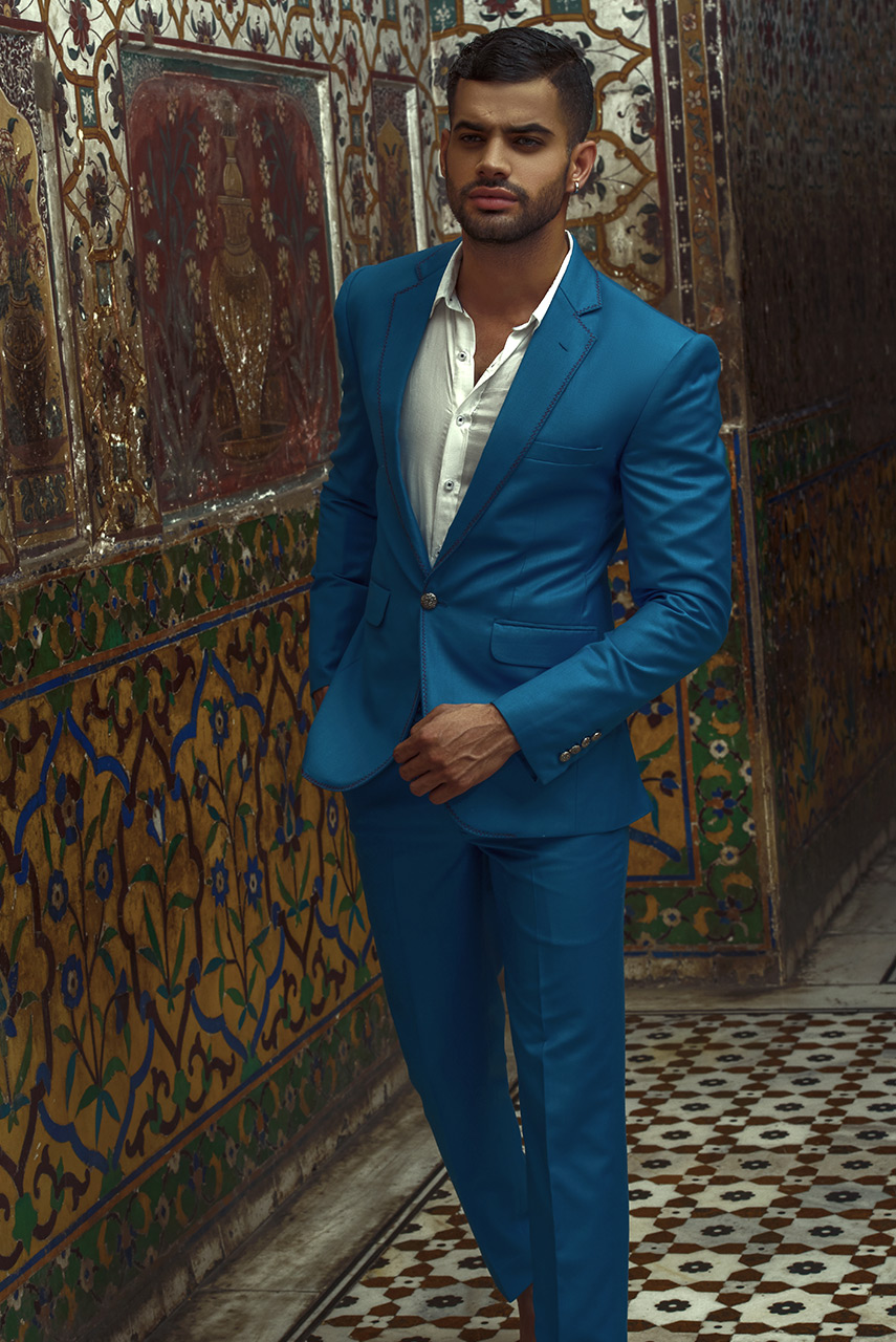 Sea Blue Herringbone Suiting Fabric Two-Piece (2-Piece) - Image 1