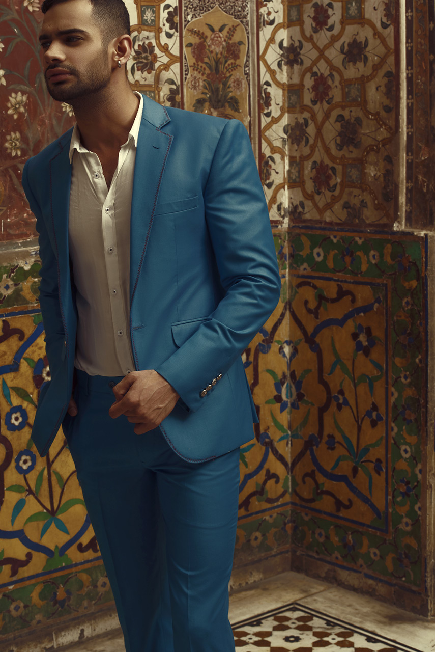 Sea Blue Herringbone Suiting Fabric Two-Piece (2-Piece) - Image 2