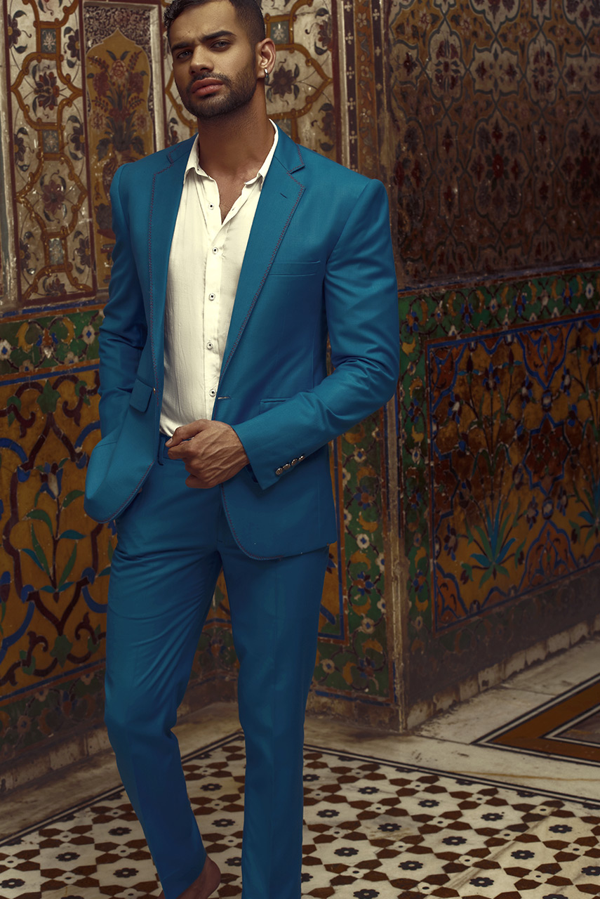 Sea Blue Herringbone Suiting Fabric Two-Piece (2-Piece) - Image 3