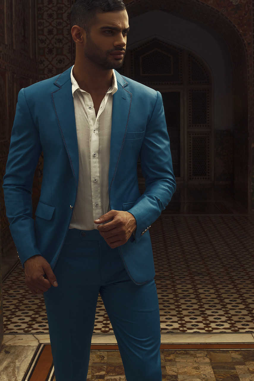 Sea Blue Herringbone Suiting Fabric Two-Piece (2-Piece) - Image 4