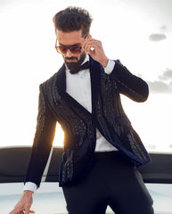 Electric Blue Embellished French Velvet Tuxedo (2-Piece) - Image 6