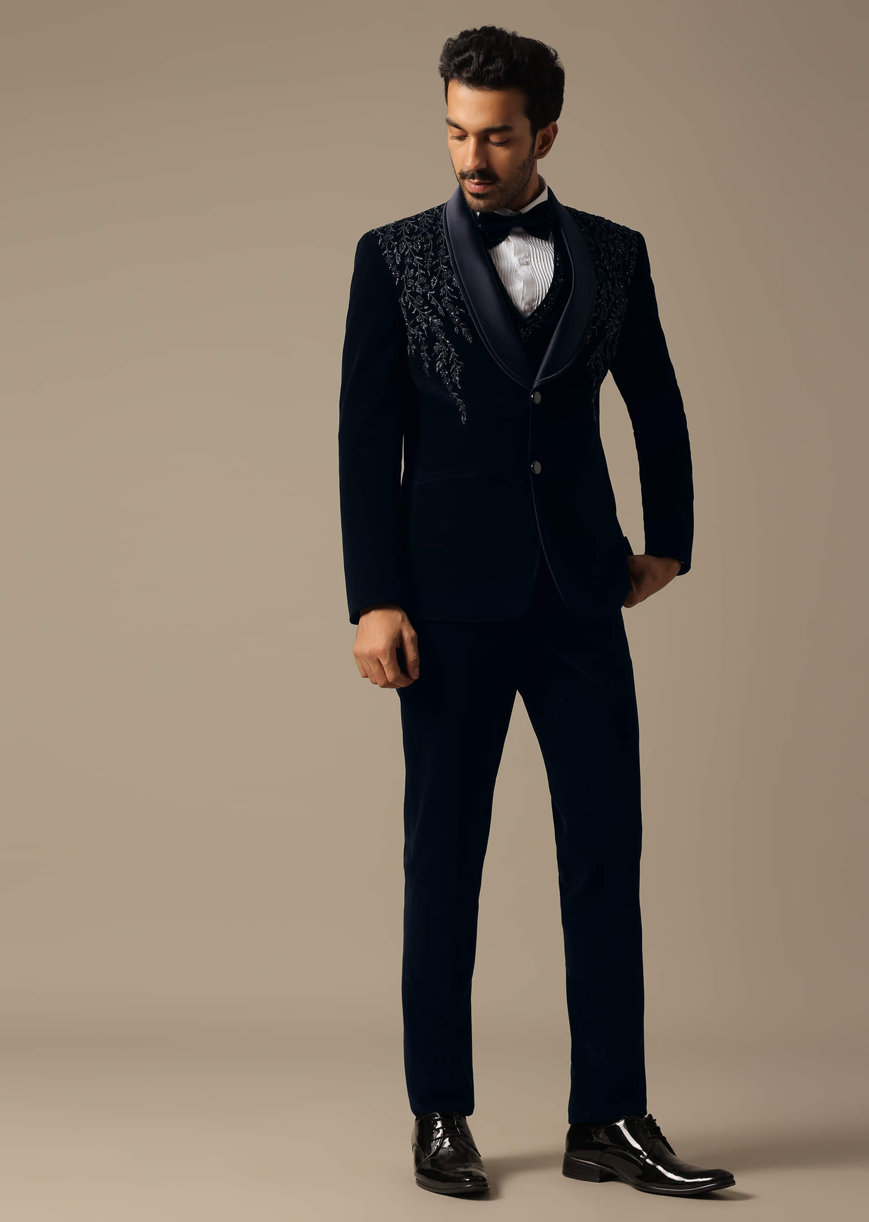 Deep Blue Stone-Embellished Velvet Tuxedo (5-Piece) - Image 2