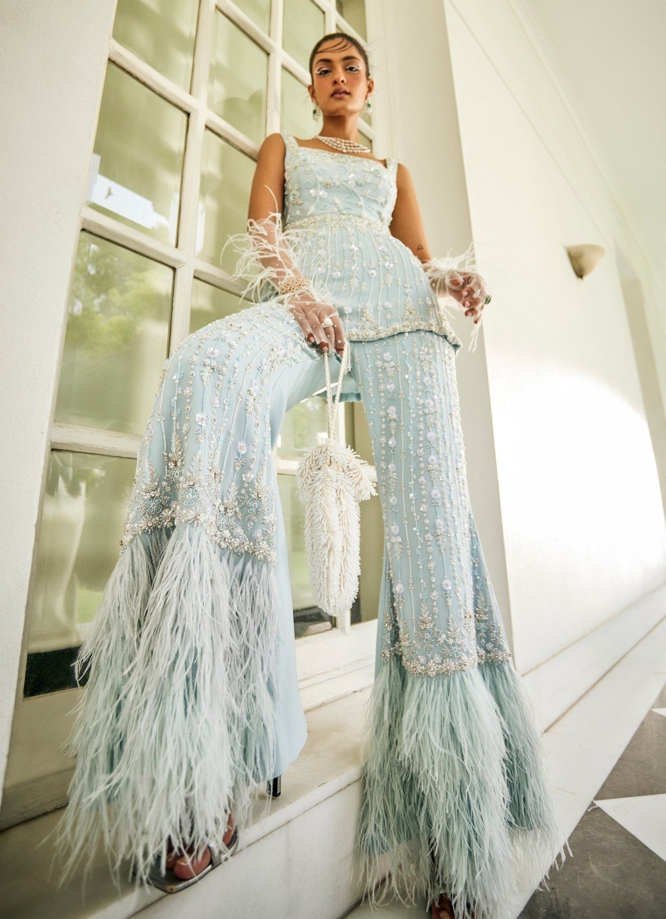 Pakistani Powder Blue Embroidered Chiffon Peplum Kurta Palazzo (3-Piece) - Image 2