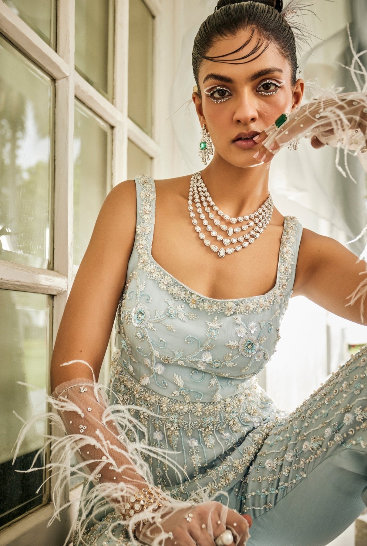 Pakistani Powder Blue Embroidered Chiffon Peplum Kurta Palazzo (3-Piece) - Image 3