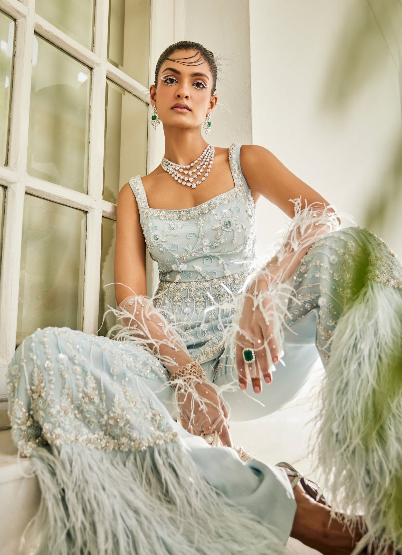 Pakistani Powder Blue Embroidered Chiffon Peplum Kurta Palazzo (3-Piece) - Image 4